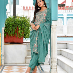 Women Tissue Embroidered Suit Set with Solid Pant and Embroidered Dupatta (Set of 5 Pc)