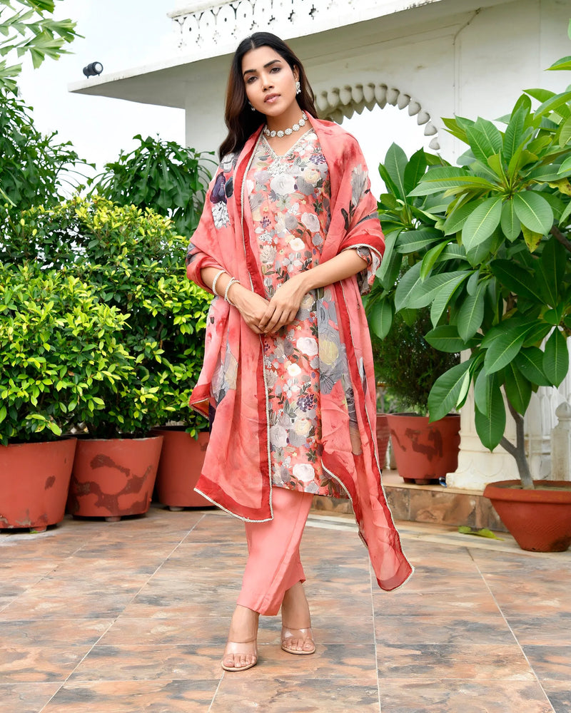 Women’s Tissue Gota Embroidered Suit Set with Solid Pants & Embroidered Dupatta (Set of 5 Pc)