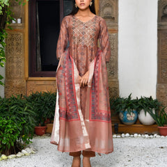 Women Chanderi Printed Suit Set With Pant And Printed Dupatta (Set of 5 Pc)