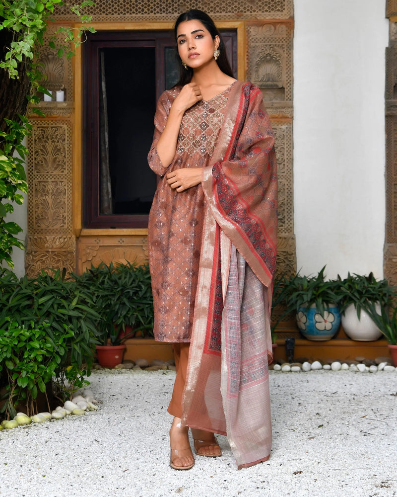 Women Chanderi Printed Suit Set With Pant And Printed Dupatta (Set of 5 Pc)
