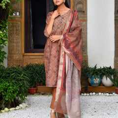 Women Chanderi Printed Suit Set With Pant And Printed Dupatta (Set of 5 Pc)