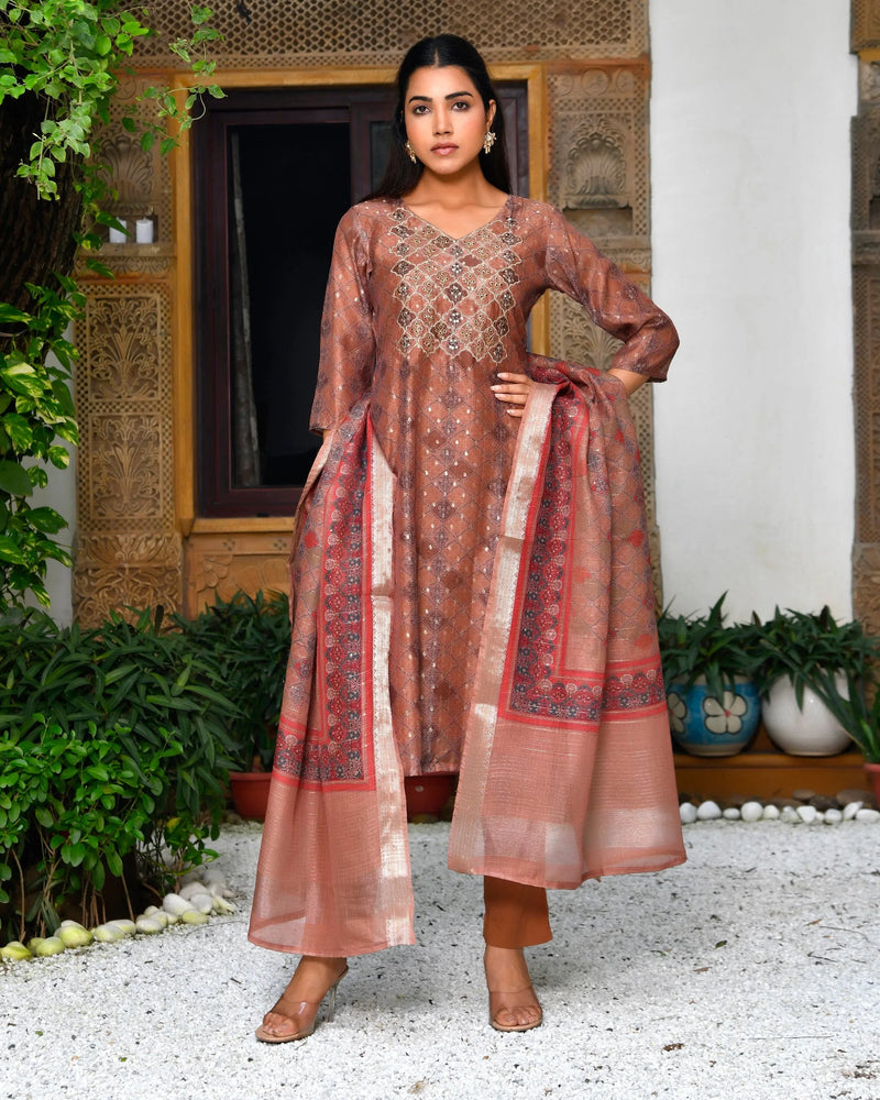Women Chanderi Printed Suit Set With Pant And Printed Dupatta (Set of 5 Pc)