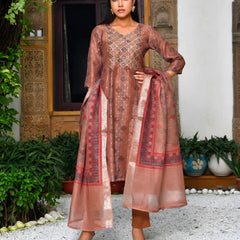 Women Chanderi Printed Suit Set With Pant And Printed Dupatta (Set of 5 Pc)