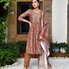 Women Chanderi Printed Suit Set With Pant And Printed Dupatta (Set of 5 Pc)