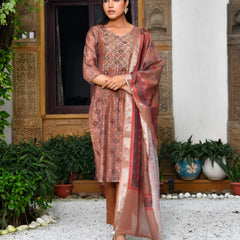 Women Chanderi Printed Suit Set With Pant And Printed Dupatta (Set of 5 Pc)