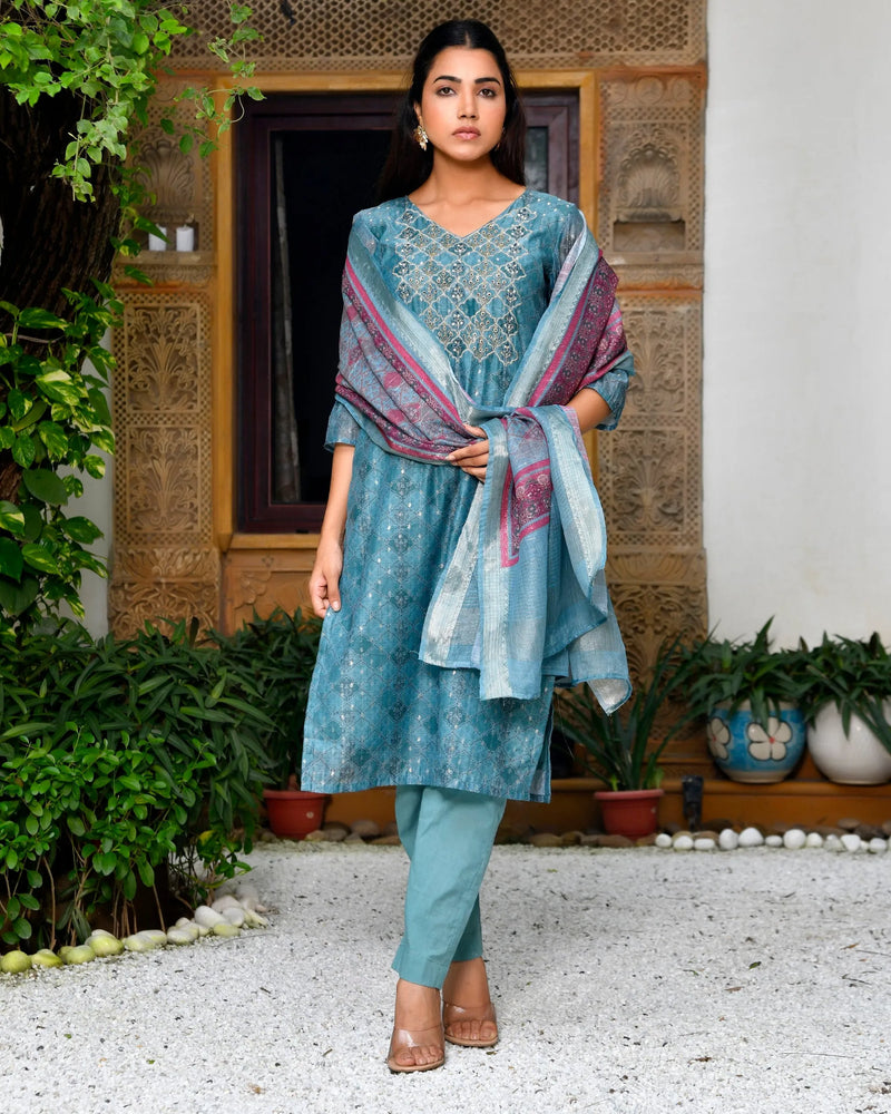 Women Chanderi Printed Suit Set With Pant And Printed Dupatta (Set of 5 Pc)