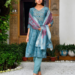 Women Chanderi Printed Suit Set With Pant And Printed Dupatta (Set of 5 Pc)