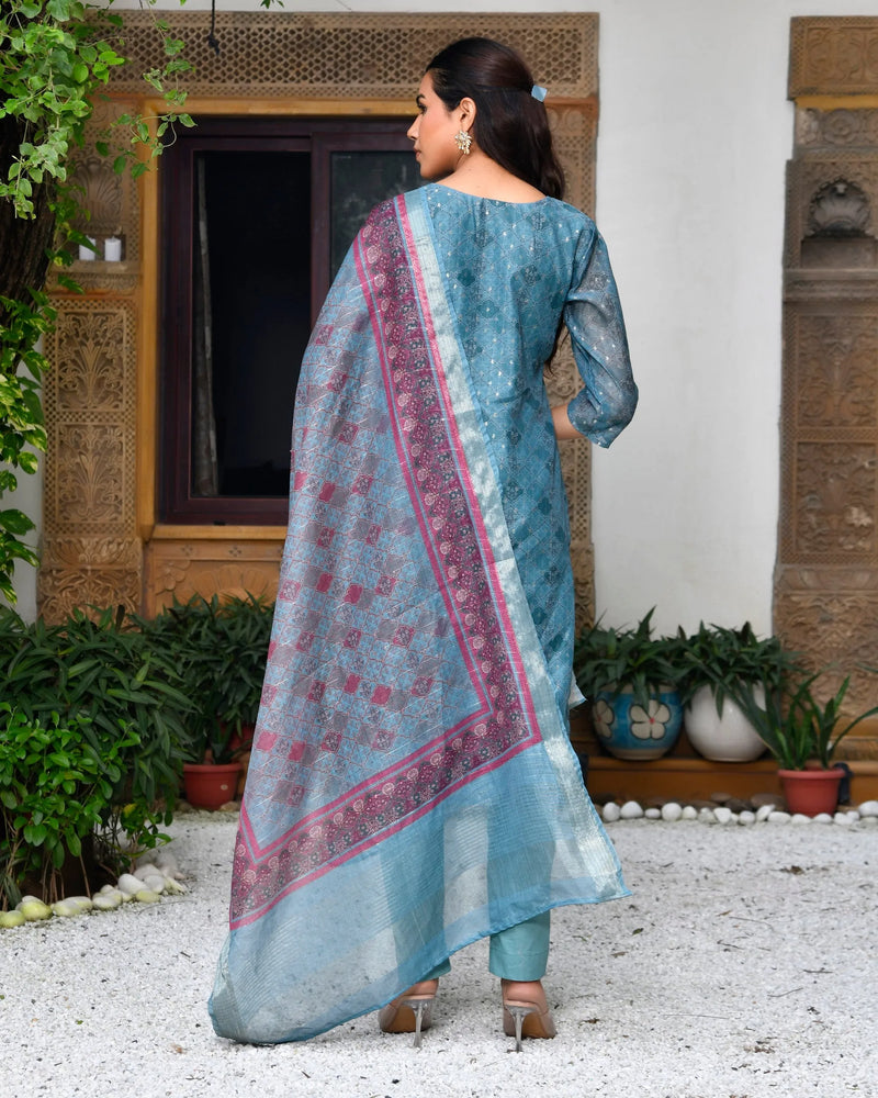 Women Chanderi Printed Suit Set With Pant And Printed Dupatta (Set of 5 Pc)