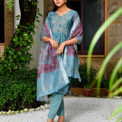 Women Chanderi Printed Suit Set With Pant And Printed Dupatta (Set of 5 Pc)