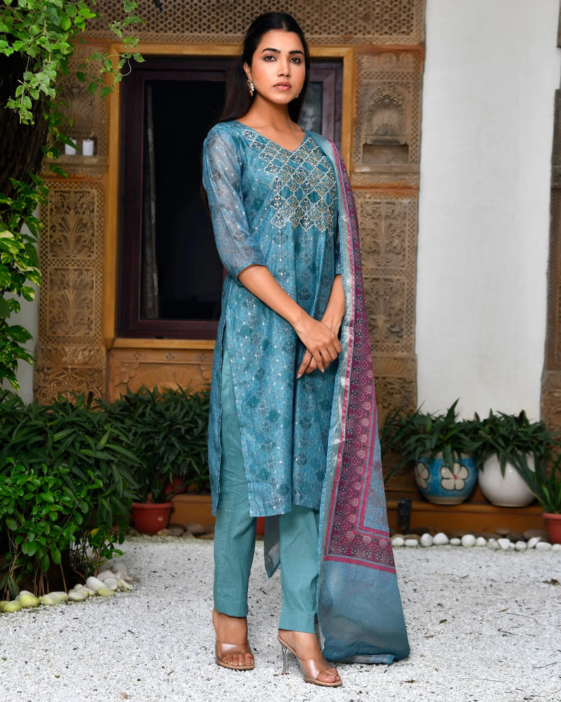 Women Chanderi Printed Suit Set With Pant And Printed Dupatta (Set of 5 Pc)