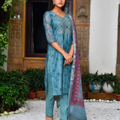 Women Chanderi Printed Suit Set With Pant And Printed Dupatta (Set of 5 Pc)