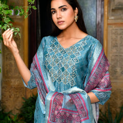 Women Chanderi Printed Suit Set With Pant And Printed Dupatta (Set of 5 Pc)