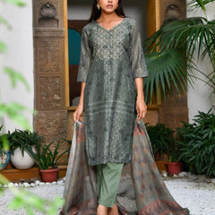 Women Chanderi Printed Suit Set With Pant And Printed Dupatta (Set of 5 Pc)