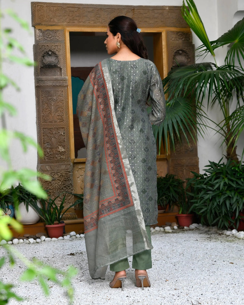 Women Chanderi Printed Suit Set With Pant And Printed Dupatta (Set of 5 Pc)