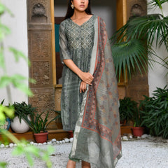 Women Chanderi Printed Suit Set With Pant And Printed Dupatta (Set of 5 Pc)