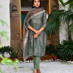 Women Chanderi Printed Suit Set With Pant And Printed Dupatta (Set of 5 Pc)