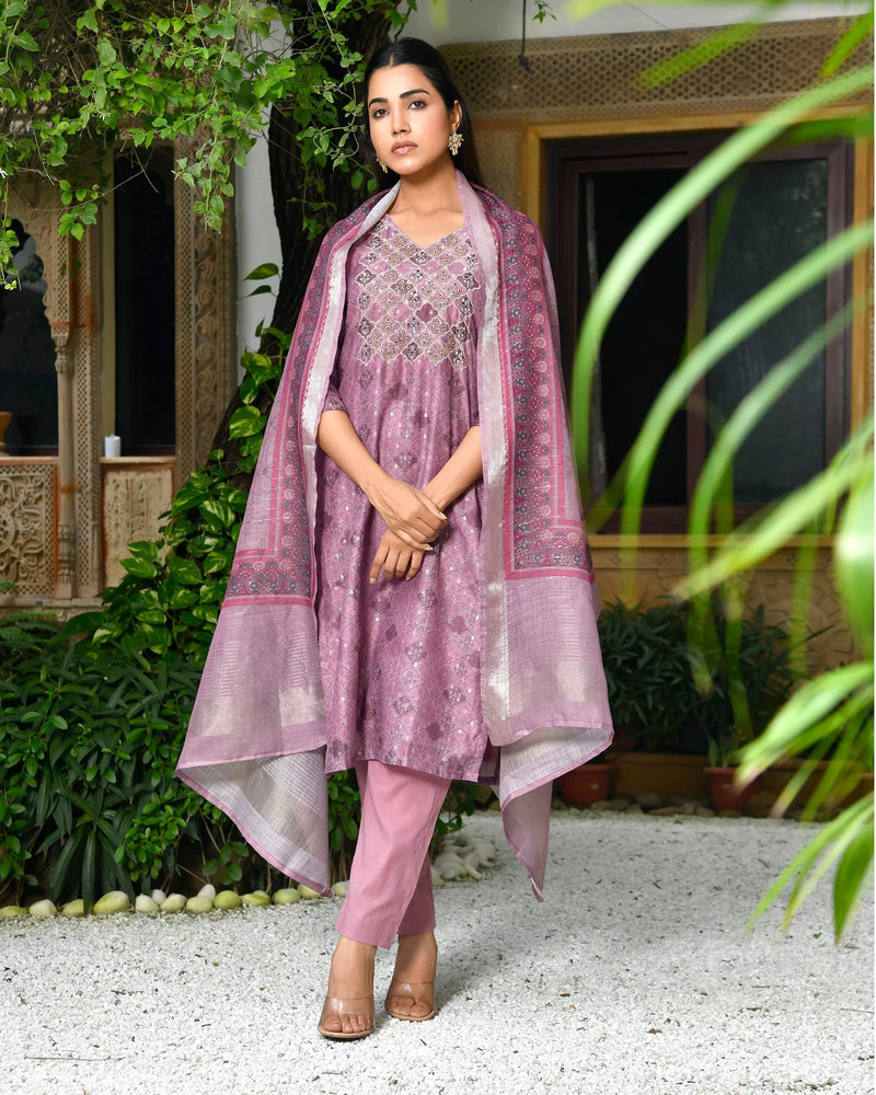 Women Chanderi Printed Suit Set With Pant And Printed Dupatta (Set of 5 Pc)