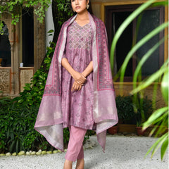Women Chanderi Printed Suit Set With Pant And Printed Dupatta (Set of 5 Pc)