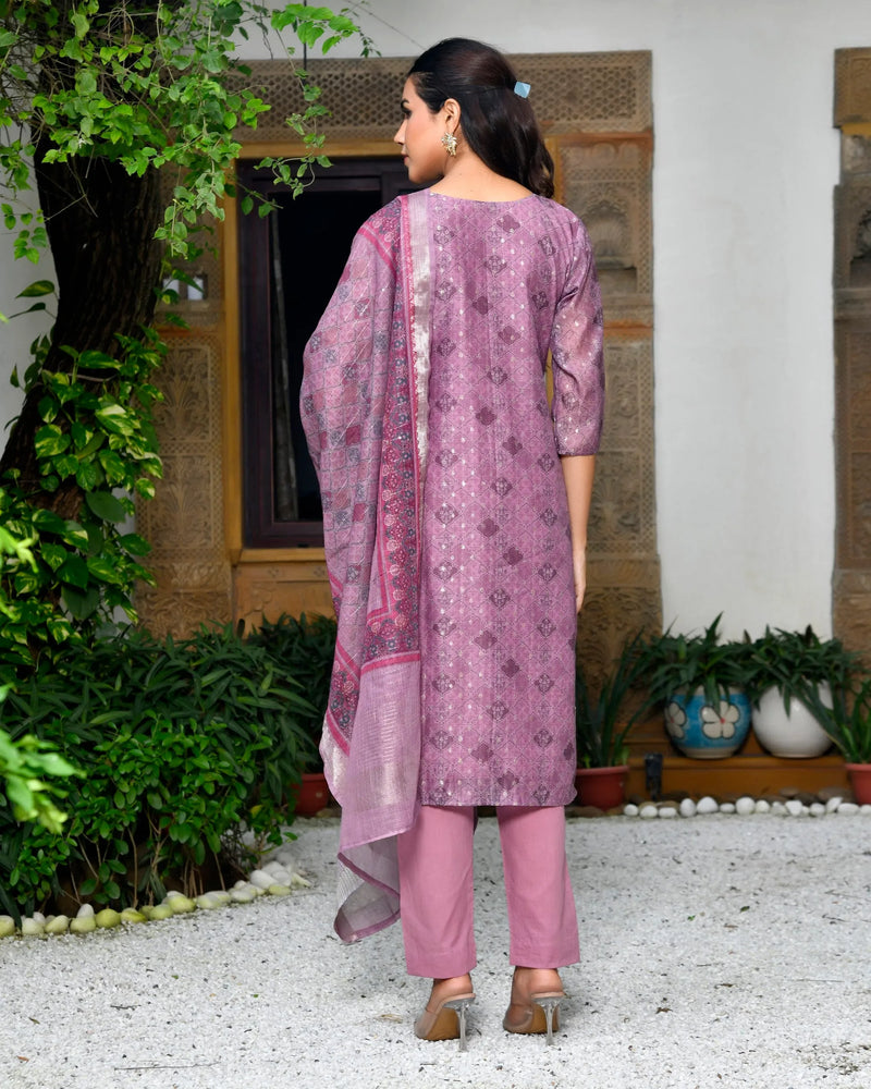 Women Chanderi Printed Suit Set With Pant And Printed Dupatta (Set of 5 Pc)