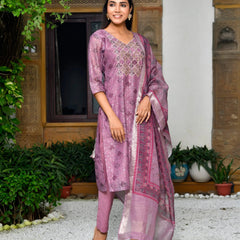 Women Chanderi Printed Suit Set With Pant And Printed Dupatta (Set of 5 Pc)