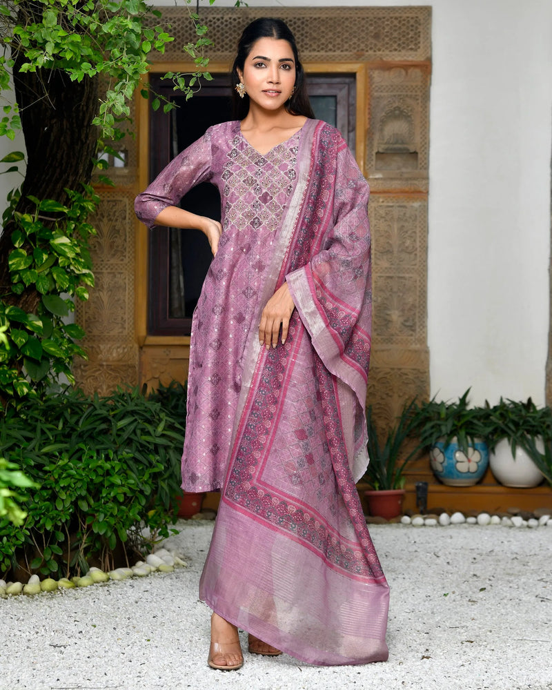 Women Chanderi Printed Suit Set With Pant And Printed Dupatta (Set of 5 Pc)