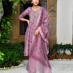 Women Chanderi Printed Suit Set With Pant And Printed Dupatta (Set of 5 Pc)
