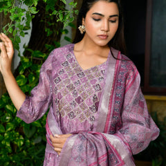 Women Chanderi Printed Suit Set With Pant And Printed Dupatta (Set of 5 Pc)