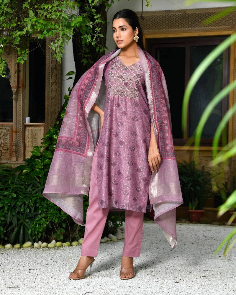 Women Chanderi Printed Suit Set With Pant And Printed Dupatta (Set of 5 Pc)