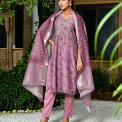 Women Chanderi Printed Suit Set With Pant And Printed Dupatta (Set of 5 Pc)