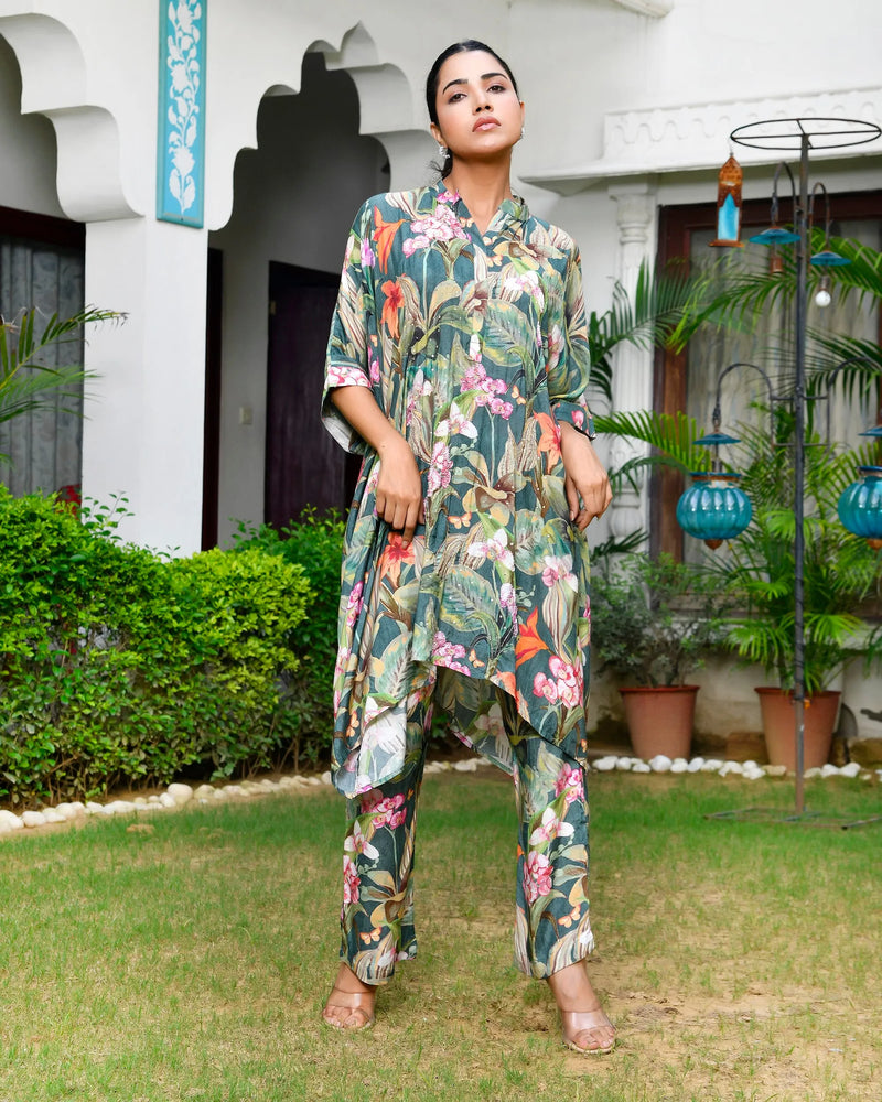 Women’s Digital Printed Kaftan Set with Printed Pants (Set of 5 Pc)