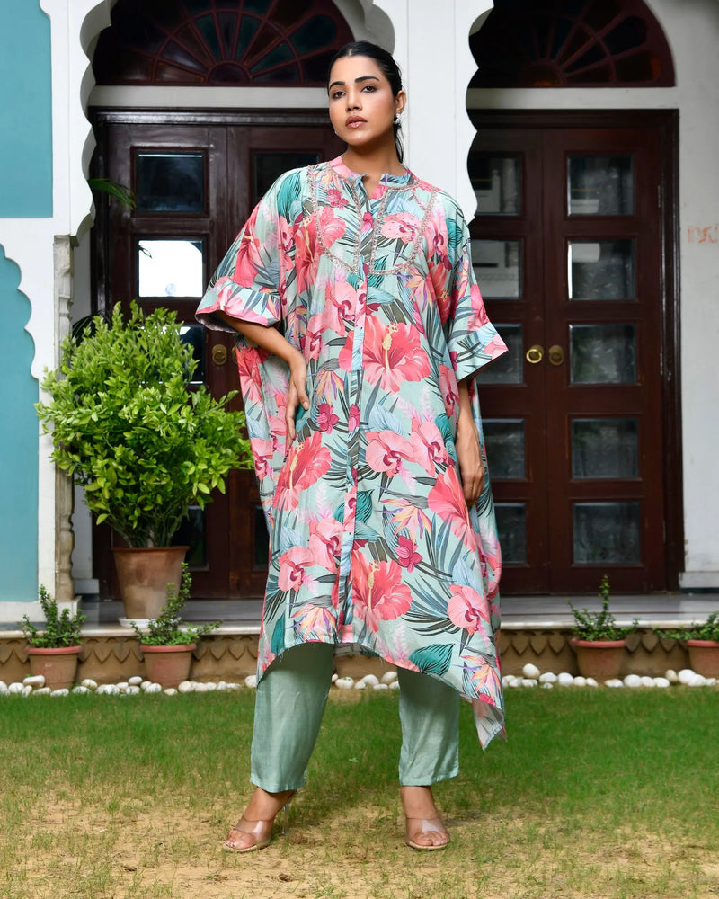 Women Digital Printed Kaftan Set with solid pant (Set of 5 Pc)