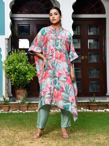 Women Digital Printed Kaftan Set with solid pant (Set of 5 Pc)