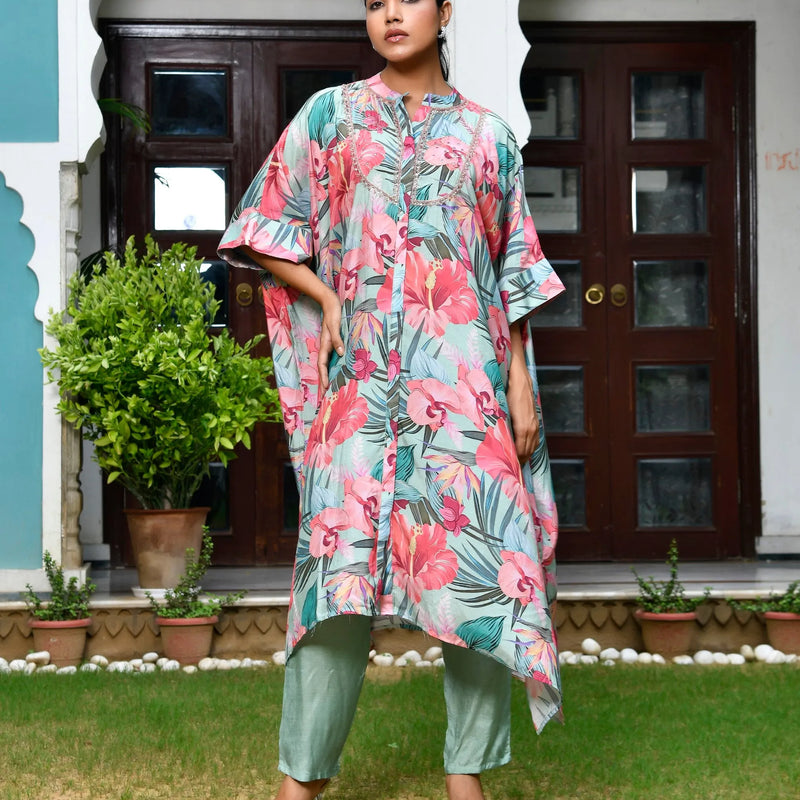 Women Digital Printed Kaftan Set with solid pant (Set of 5 Pc)