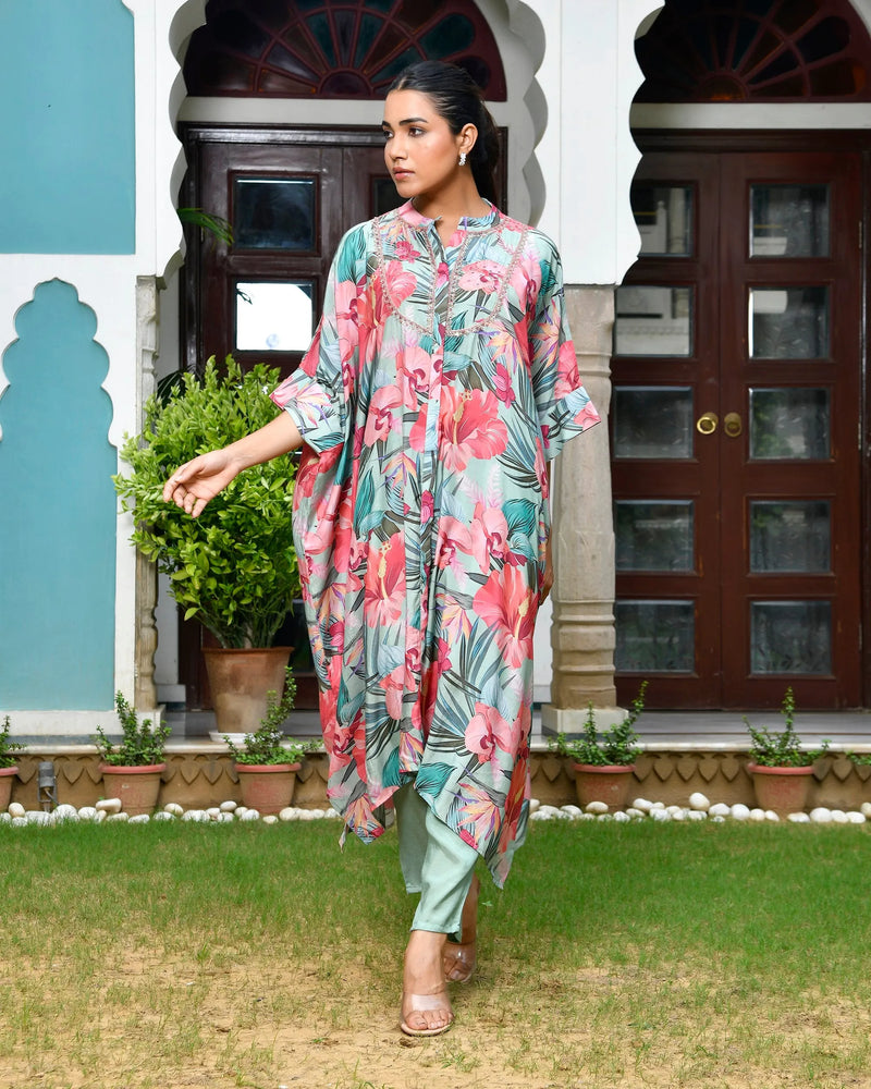 Women Digital Printed Kaftan Set with solid pant (Set of 5 Pc)
