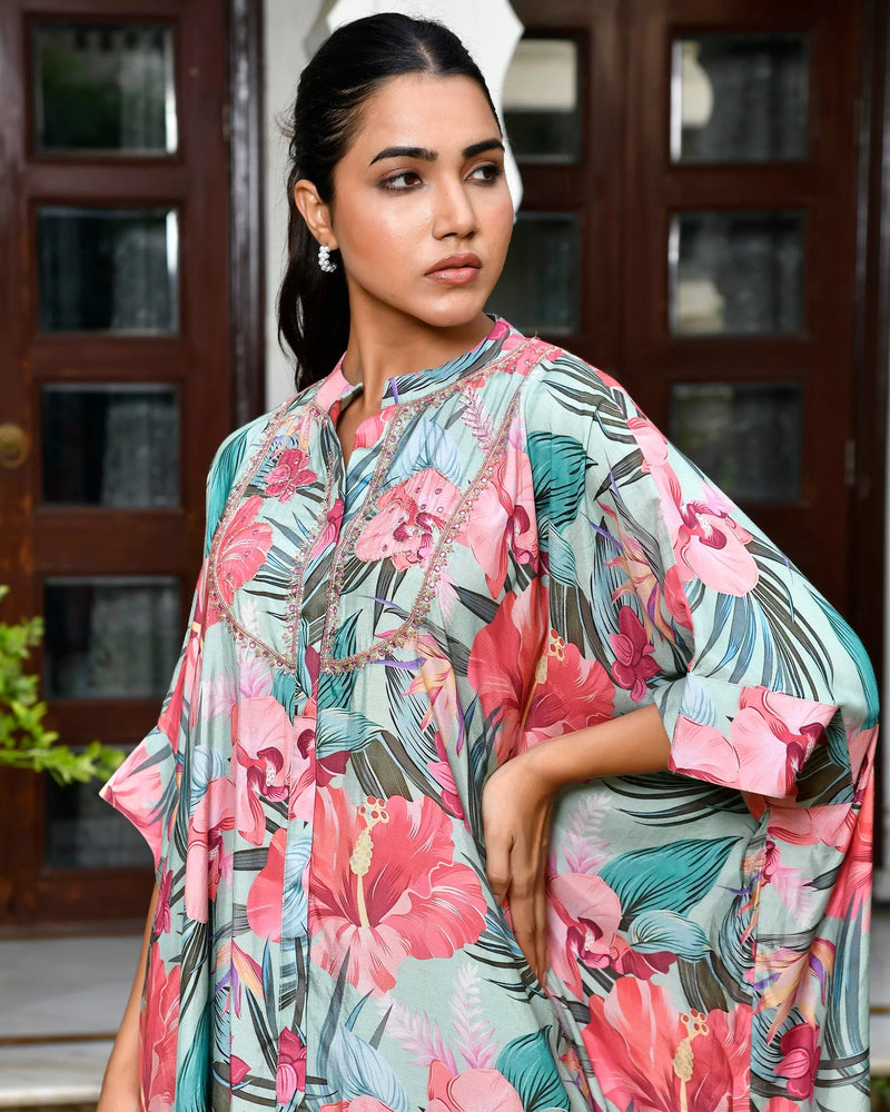 Women Digital Printed Kaftan Set with solid pant (Set of 5 Pc)