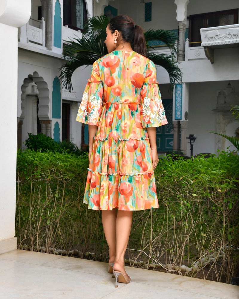 Women Digital Printed Embroidered Tier Cotton Dress (Set of 5 Pc)