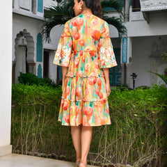 Women Digital Printed Embroidered Tier Cotton Dress (Set of 5 Pc)