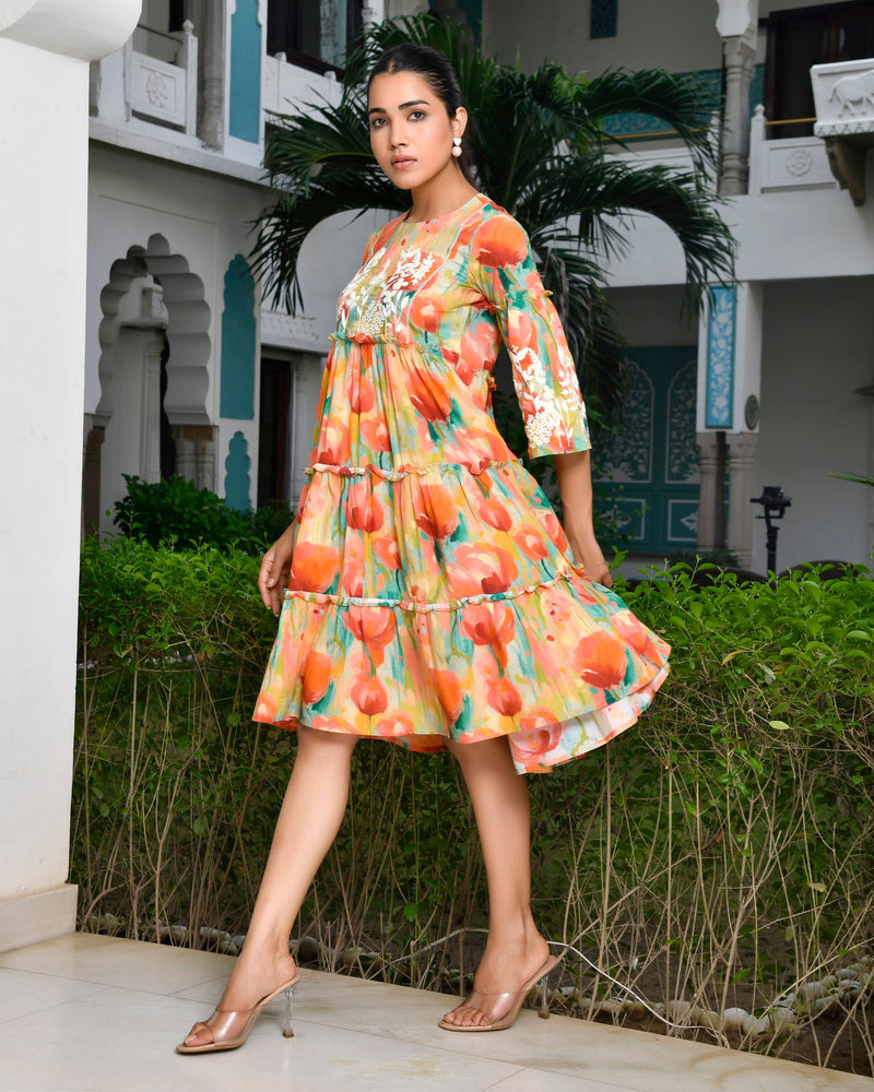 Women Digital Printed Embroidered Tier Cotton Dress (Set of 5 Pc)