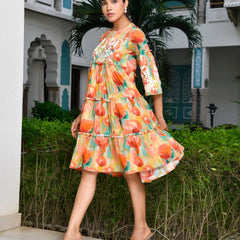 Women Digital Printed Embroidered Tier Cotton Dress (Set of 5 Pc)