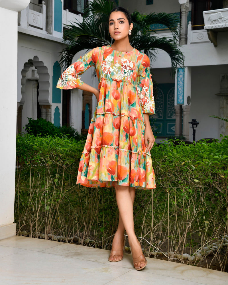 Women Digital Printed Embroidered Tier Cotton Dress (Set of 5 Pc)