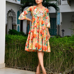 Women Digital Printed Embroidered Tier Cotton Dress (Set of 5 Pc)