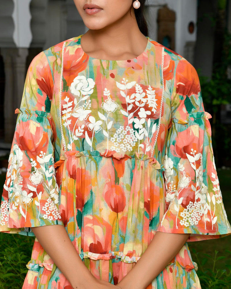 Women Digital Printed Embroidered Tier Cotton Dress (Set of 5 Pc)