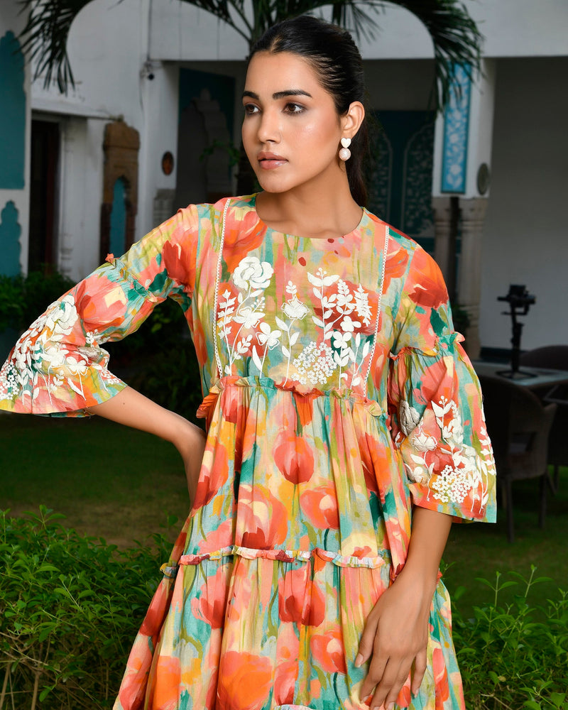 Women Digital Printed Embroidered Tier Cotton Dress (Set of 5 Pc)