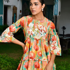 Women Digital Printed Embroidered Tier Cotton Dress (Set of 5 Pc)