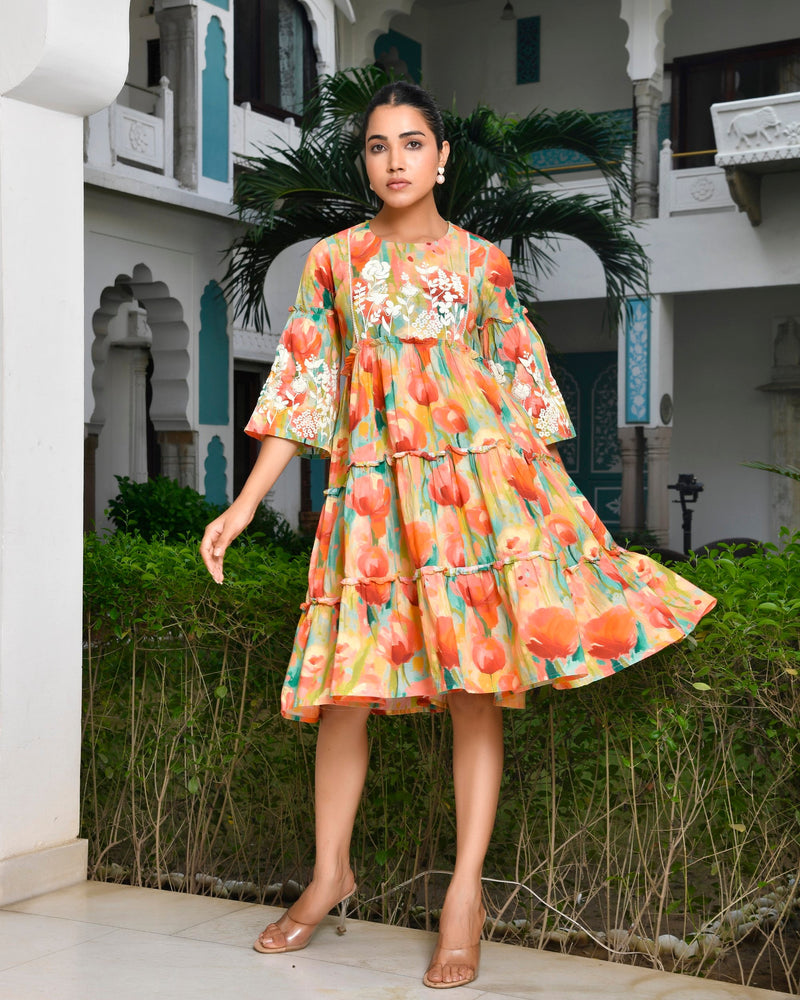 Women Digital Printed Embroidered Tier Cotton Dress (Set of 5 Pc)
