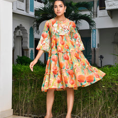Women Digital Printed Embroidered Tier Cotton Dress (Set of 5 Pc)