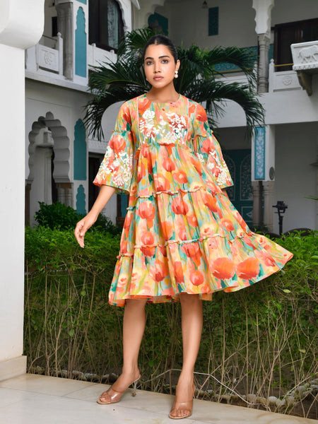 Women Digital Printed Embroidered Tier Cotton Dress (Set of 5 Pc)
