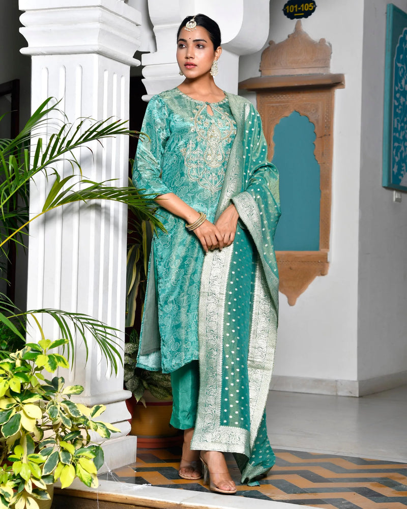 Women’s Digital Printed Tissue Suit Set with Solid Pants & Brocade Dupatta (Set of 5 Pc)