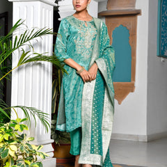 Women’s Digital Printed Tissue Suit Set with Solid Pants & Brocade Dupatta (Set of 5 Pc)