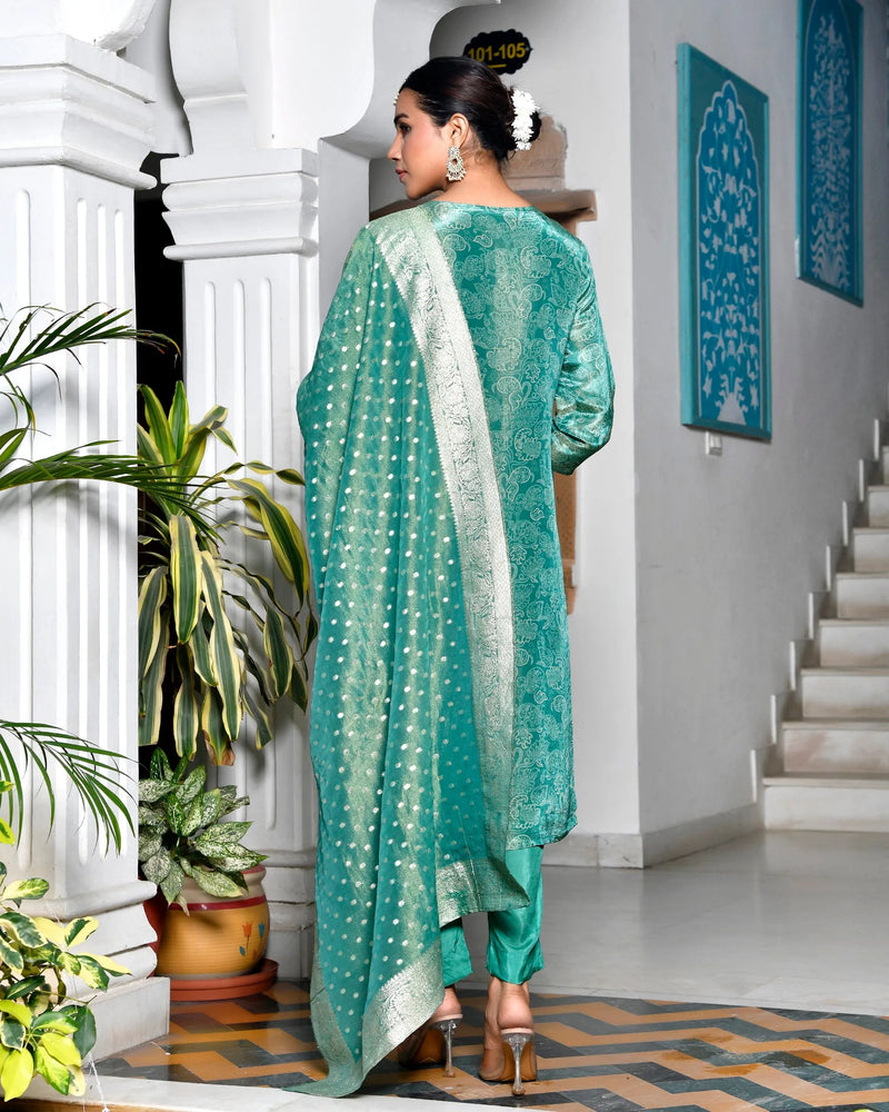Women’s Digital Printed Tissue Suit Set with Solid Pants & Brocade Dupatta (Set of 5 Pc)